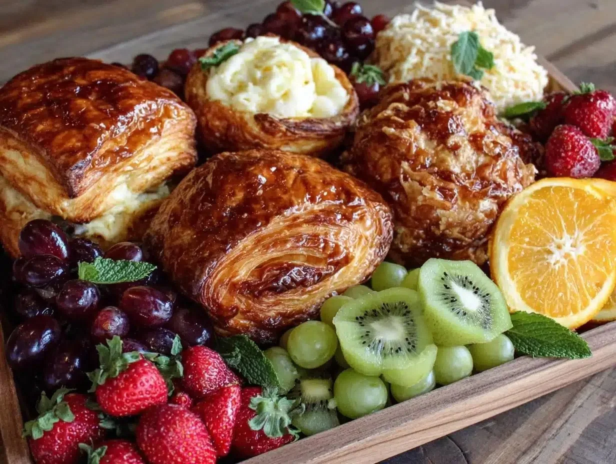 Beautifully arranged breakfast grazing board with fruits, cheeses, and pastries.