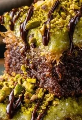 Delicious pistachio brownies topped with nuts, inspired by Dubai's flavors