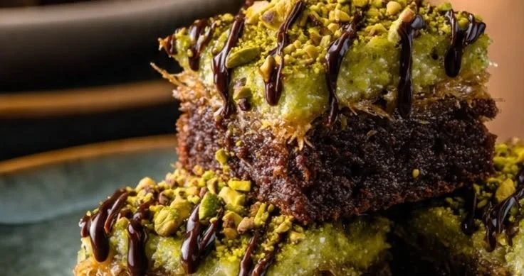 Delicious pistachio brownies topped with nuts, inspired by Dubai's flavors