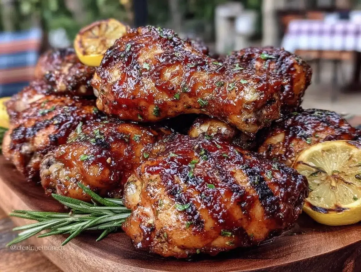 Beer-marinated chicken drumsticks glazed with smoky BBQ sauce on a grill.