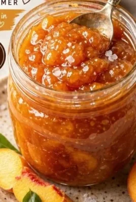 Salted Caramel Peach Jam in a jar with fresh peaches and a spoon