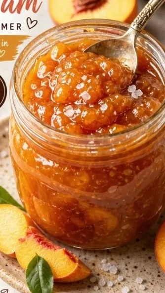 Salted Caramel Peach Jam in a jar with fresh peaches and a spoon