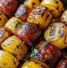 Cowboy Butter Kielbasa skewers with potatoes ready for summer grilling