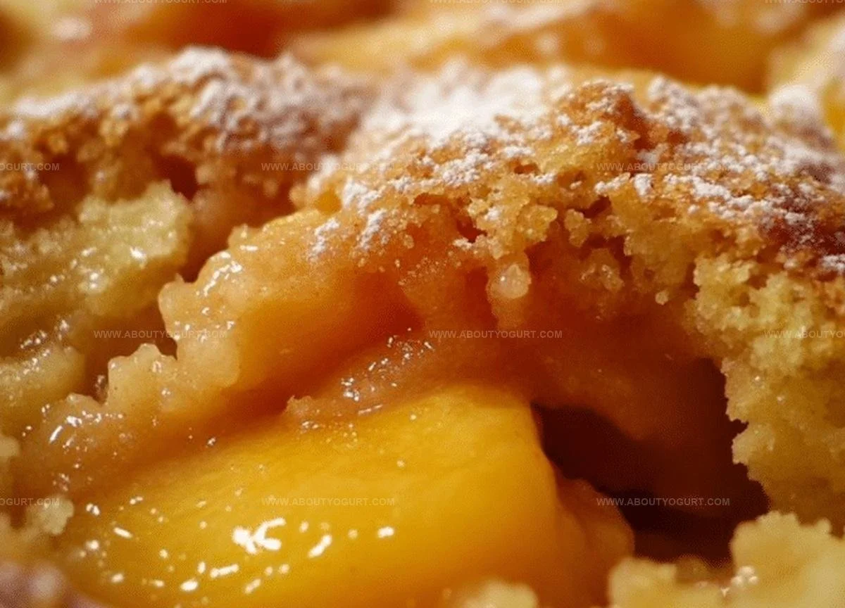 Delicious homemade peach cobbler served warm in a baking dish