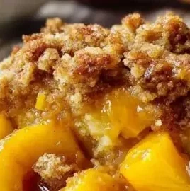 Delicious homemade baked peach cobbler topped with golden crust