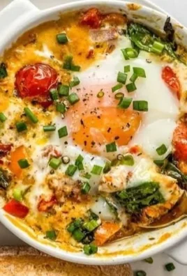 Baked feta eggs with tomatoes and spinach in a serving dish