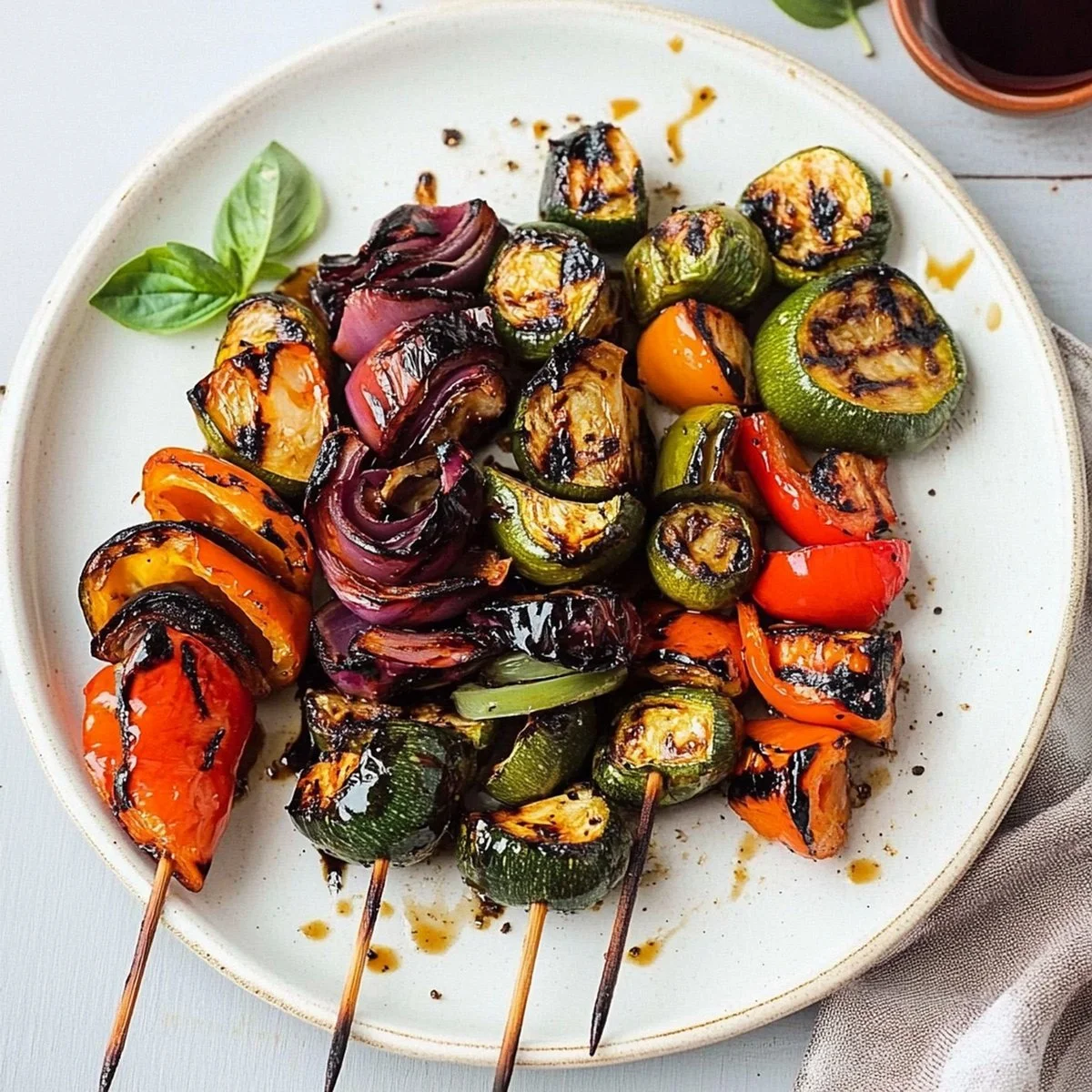 Colorful plate of balsamic grilled vegetables including zucchini and bell peppers