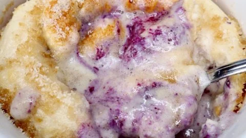 Blueberry jam protein baked oats dish with fresh blueberries on top
