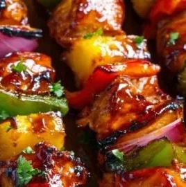 Grilled Chicken Pineapple Kabobs on skewers with colorful veggies