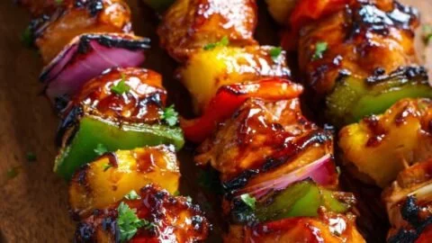 Grilled Chicken Pineapple Kabobs on skewers with colorful veggies