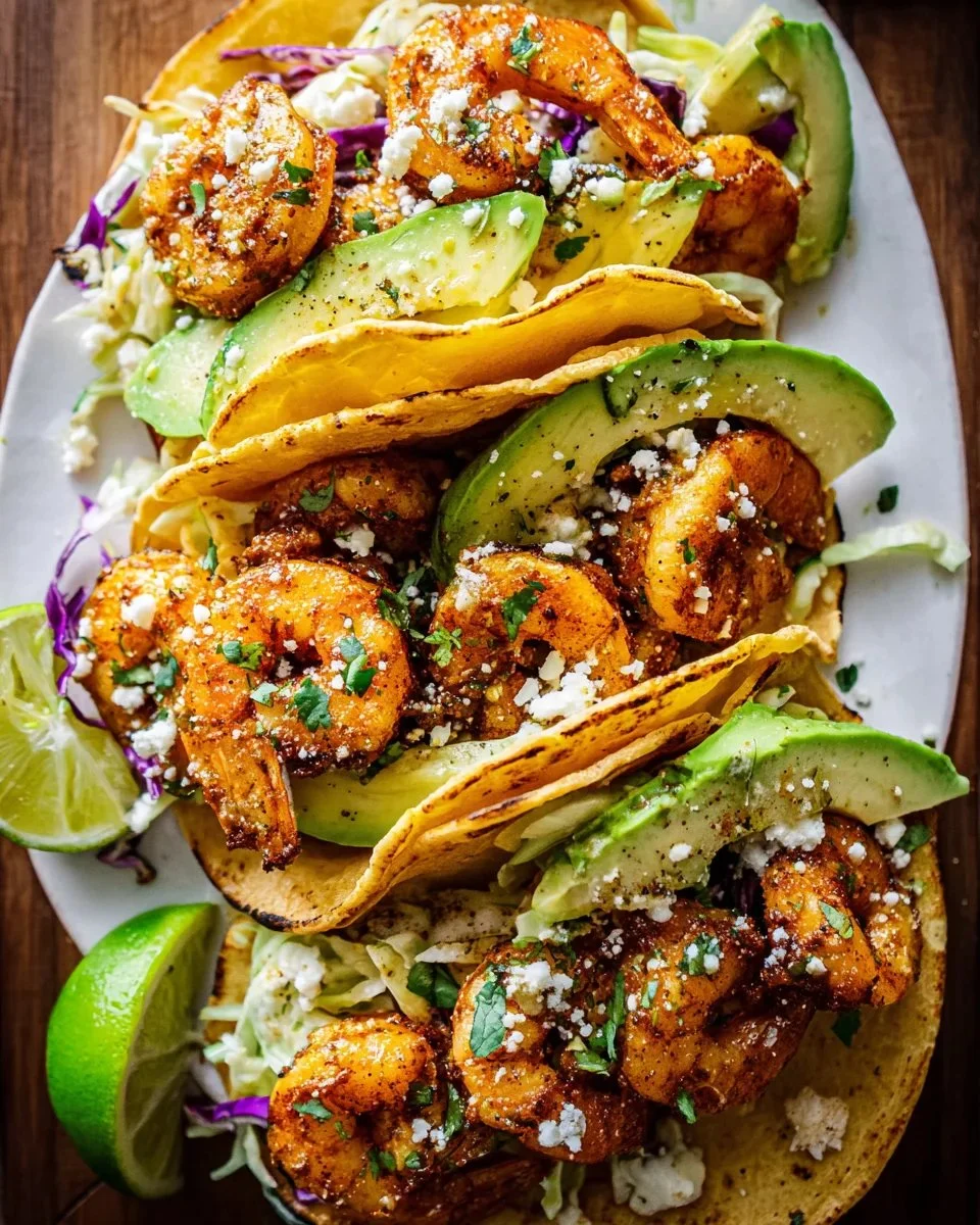 Cilantro lime shrimp tacos topped with creamy slaw on a wooden table
