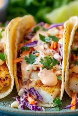 Plate of delicious cod fish tacos garnished with fresh veggies and lime