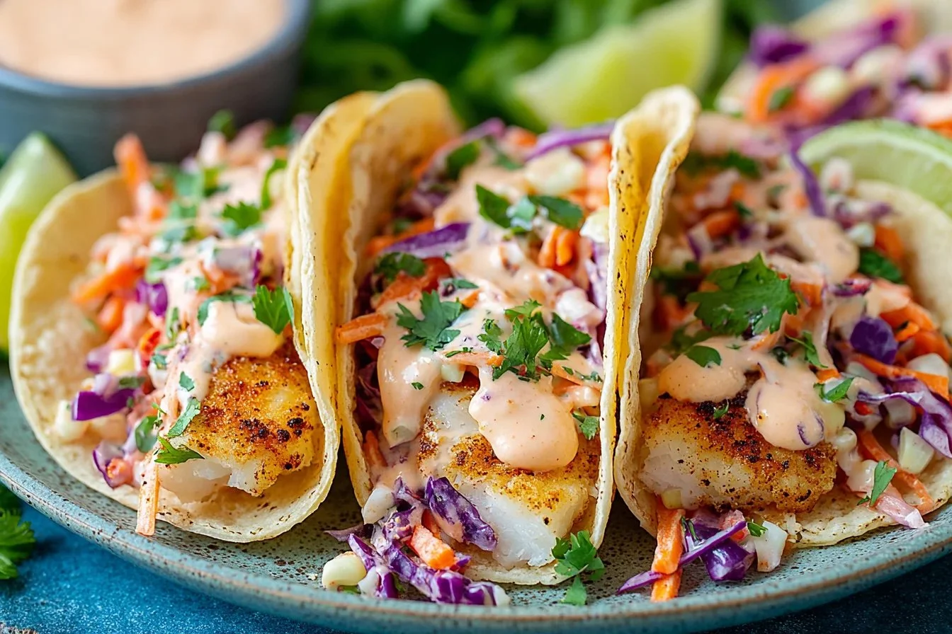 Plate of delicious cod fish tacos garnished with fresh veggies and lime