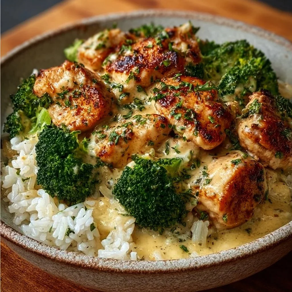 Creamy garlic chicken rice bowls served in a bowl with fresh vegetables