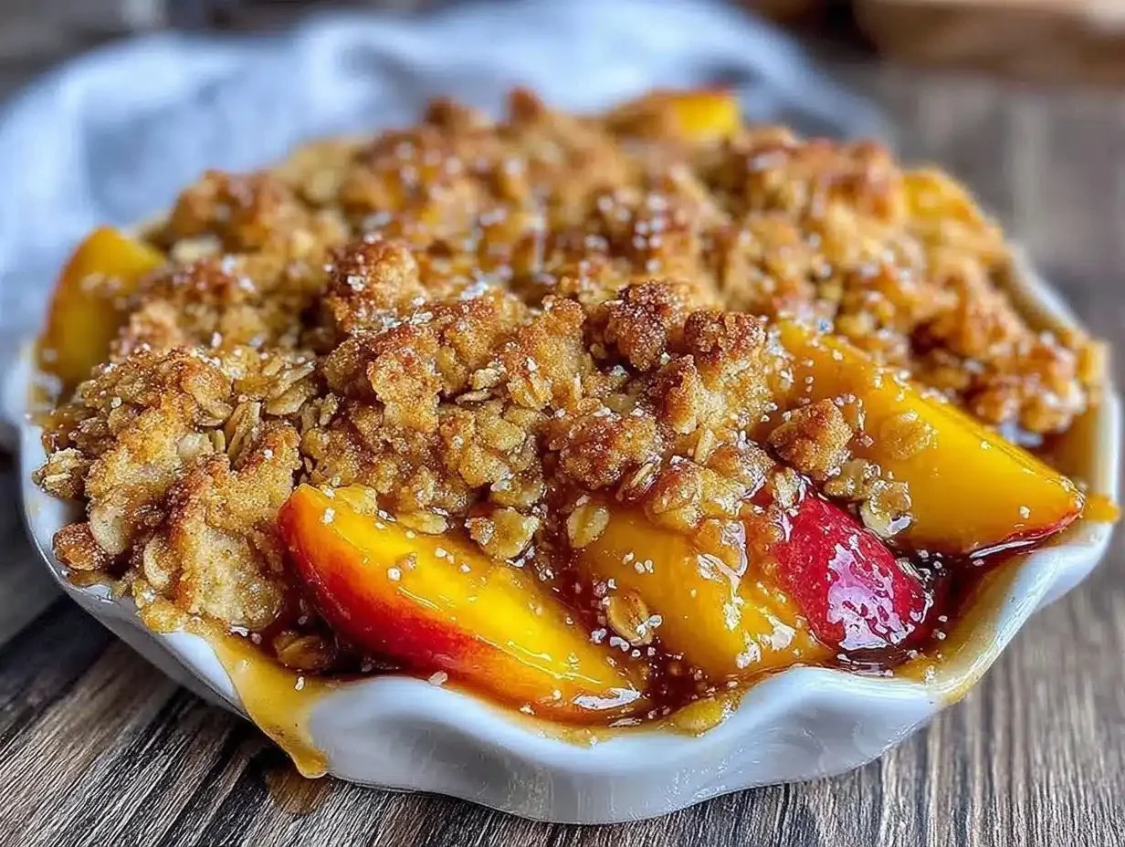 Delicious peach crisp dessert with crunchy oat topping in a bowl.
