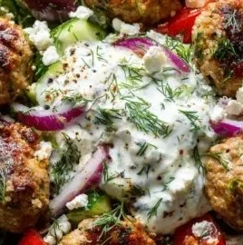 Greek Turkey Meatball Bowls featuring healthy ingredients and Mediterranean flavors.
