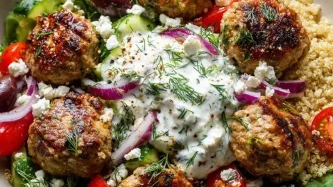 Greek Turkey Meatball Bowls featuring healthy ingredients and Mediterranean flavors.