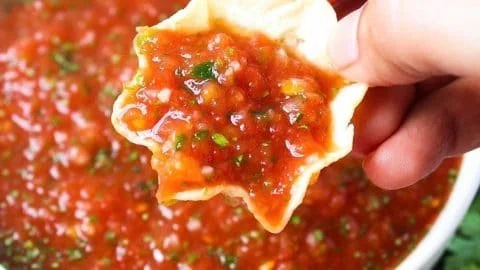 Delicious homemade restaurant-style salsa recipe ingredients and finished dish.
