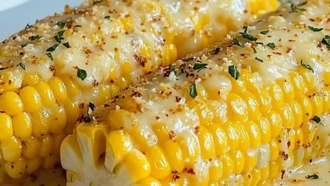 Delicious garlic parmesan corn on the cob garnished with herbs