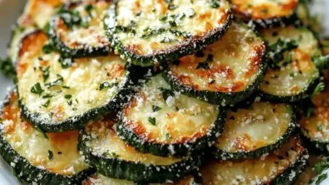 Garlic parmesan zucchini roasted to golden perfection, served in a dish