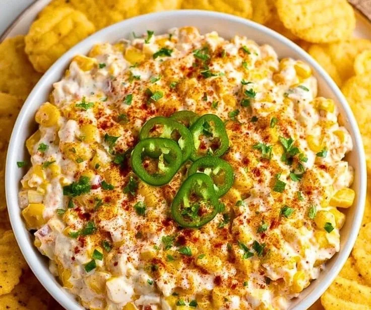 Delicious Mexican Street Corn Dip served in a bowl with toppings
