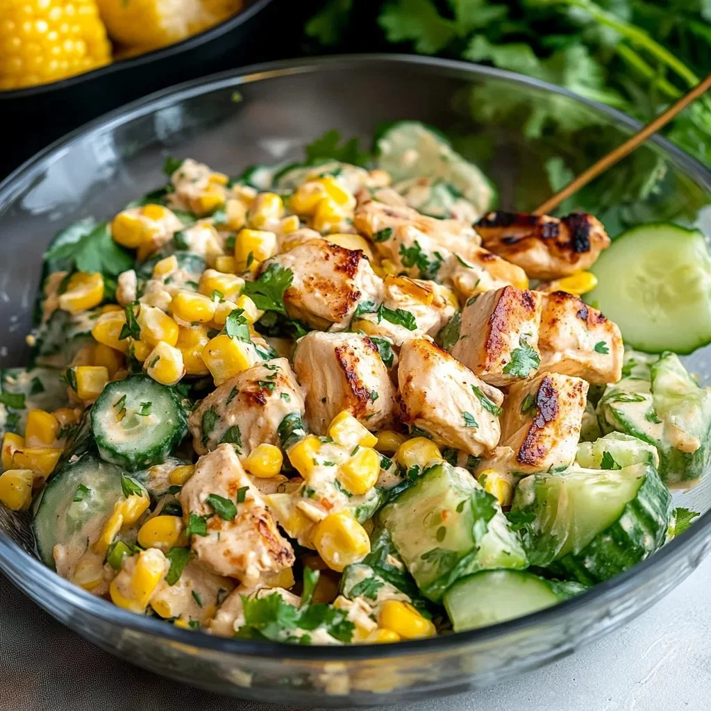 Creamy cucumber chicken salad with street corn, a delicious summer recipe.