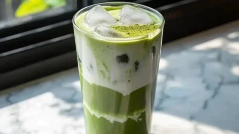 Homemade iced vanilla matcha latte with whipped cream and vanilla beans