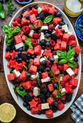 Colorful watermelon blueberry salad with fresh mint leaves